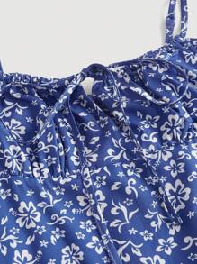 SHEIN MOD Vải in hoa Tie Trước Váy Dây - Xanh và trắng - Xem 4