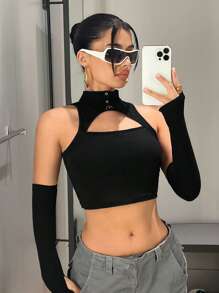 SHEIN ICON Áo ba lỗ crop top đen hở phía trước có tay áo - màu đen - Xem 3