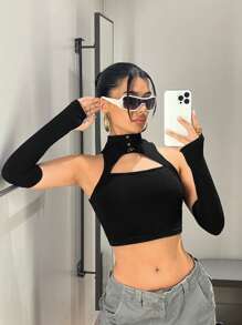 SHEIN ICON Áo ba lỗ crop top đen hở phía trước có tay áo - màu đen - Xem 5