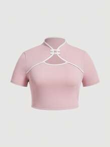 SHEIN MOD 大碼撞色滾邊旗袍領T恤 - 淺粉色 - 查看 1