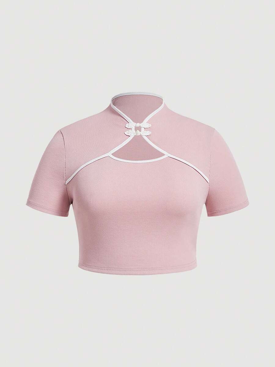 SHEIN MOD 大碼撞色滾邊旗袍領T恤 - 淺粉色 - 查看 1