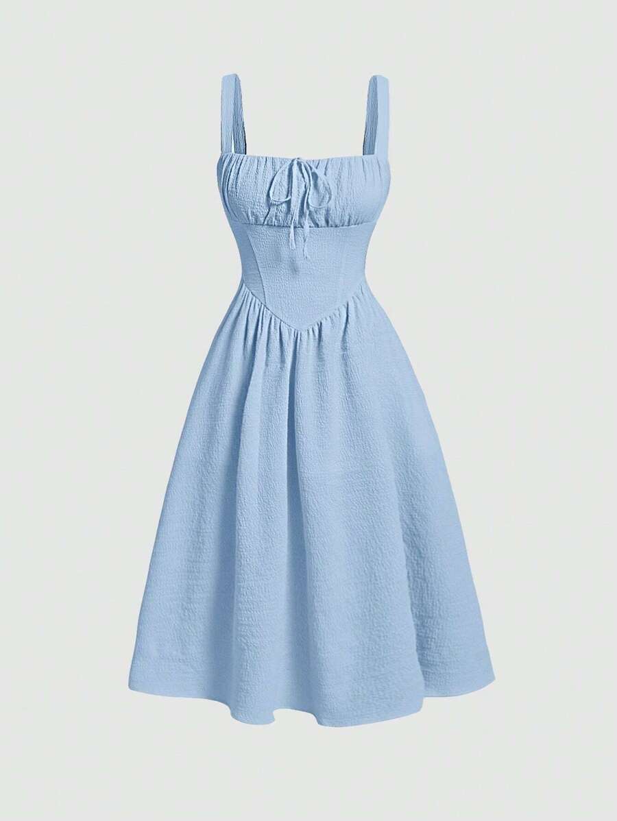 SHEIN MOD Solid Ruched Bust Milkmaid Cami Dress - Baby Blue - View 1