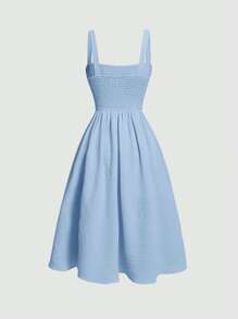 SHEIN MOD Solid Ruched Bust Milkmaid Cami Dress - Baby Blue - View 2