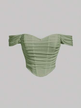 SHEIN x Marika Sila SHEIN MOD Grünes Sommer Top mit Off-Shoulder, gerafftem Mesh Design