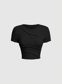 SHEIN MOD 素色條紋針織T恤 - 黑色 - 查看 1