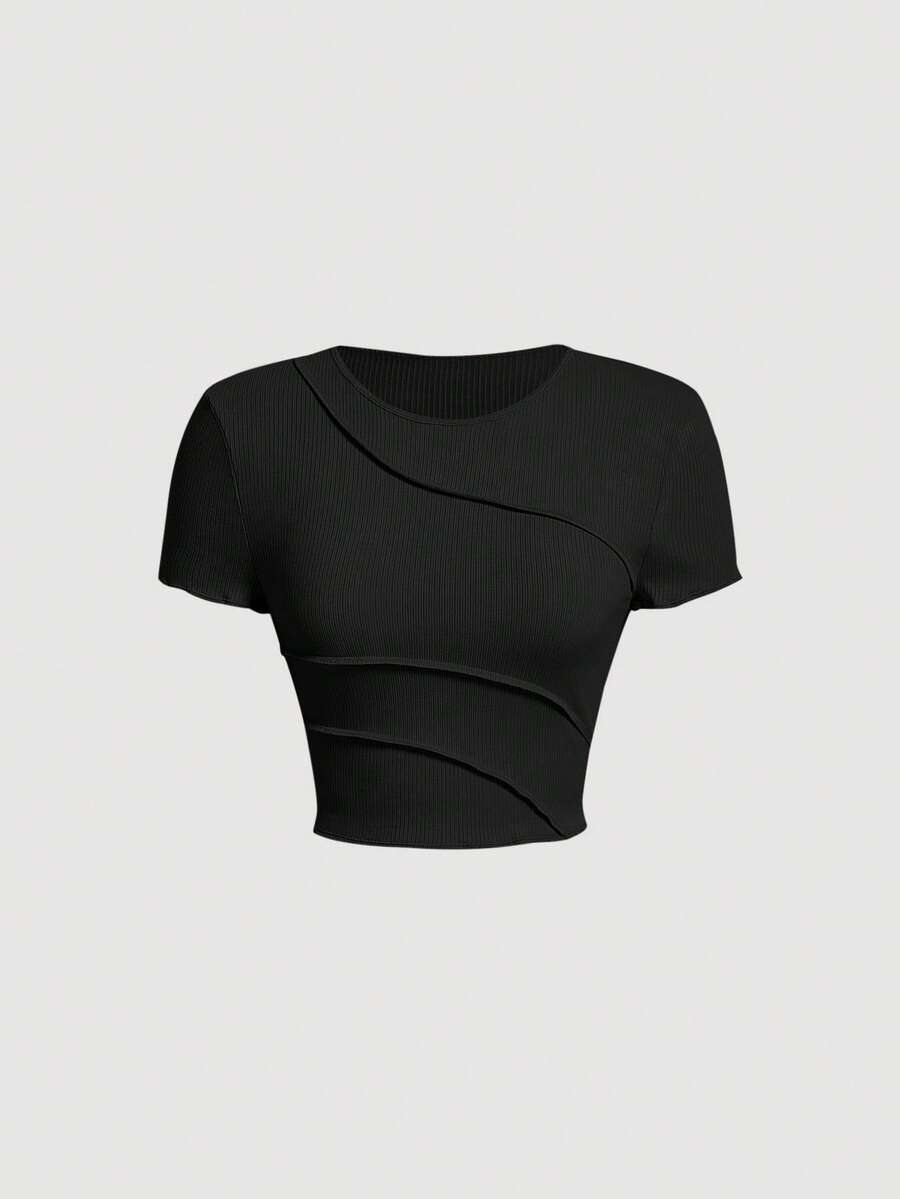 SHEIN MOD 素色條紋針織T恤 - 黑色 - 查看 1