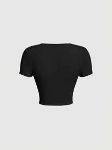 SHEIN MOD 素色條紋針織T恤 - 黑色 - 查看 2