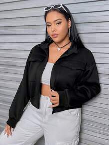 SHEIN EZwear 大碼翻蓋口袋落肩袖拉鏈開襟短款運動衫 - 黑色 - 查看 5