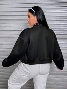 SHEIN EZwear 大碼翻蓋口袋落肩袖拉鏈開襟短款運動衫 - 黑色 - 查看 2