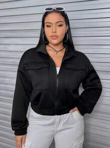 SHEIN EZwear 大碼翻蓋口袋落肩袖拉鏈開襟短款運動衫 - 黑色 - 查看 3