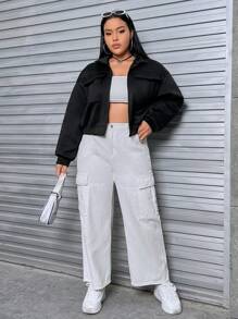 SHEIN EZwear 大碼翻蓋口袋落肩袖拉鏈開襟短款運動衫 - 黑色 - 查看 4