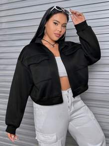SHEIN EZwear 大碼翻蓋口袋落肩袖拉鏈開襟短款運動衫 - 黑色 - 查看 1