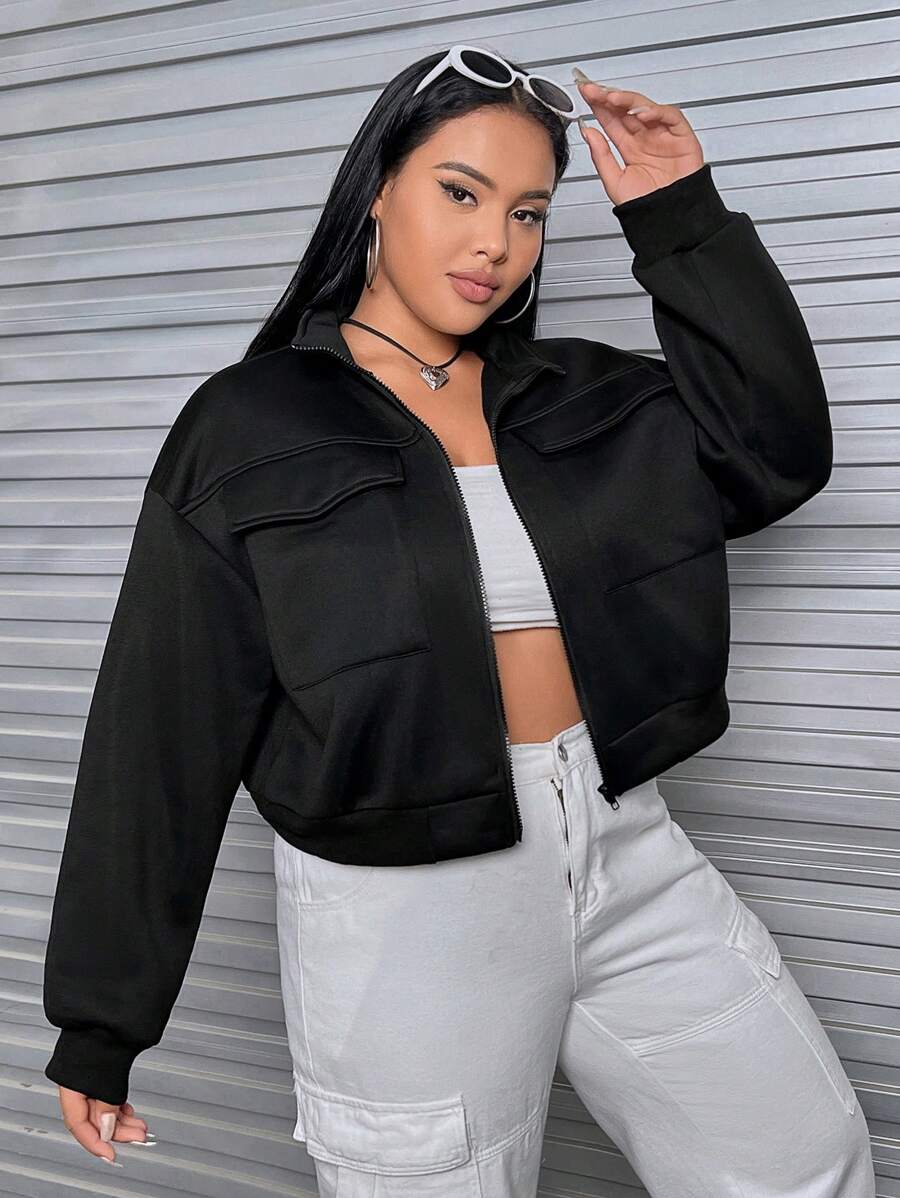 SHEIN EZwear 大碼翻蓋口袋落肩袖拉鏈開襟短款運動衫 - 黑色 - 查看 1