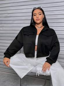 SHEIN EZwear 大碼翻蓋口袋落肩袖拉鏈開襟短款運動衫 - 黑色 - 查看 6