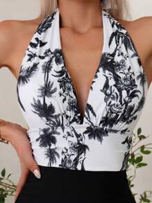 Swim Lushoire Summer Beach Tropical Print Ruched Halter One Piece Swimsuit - Multicolor - View 4