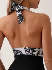 Swim Lushoire Summer Beach Tropical Print Ruched Halter One Piece Swimsuit - Multicolor - View 5