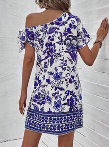 SHEIN LUNE 印花不對稱領側打結連衣裙 - 藍白色 - 查看 2