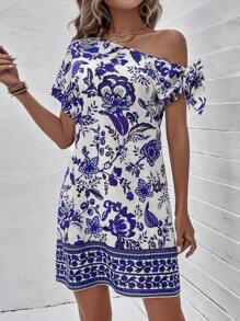 SHEIN LUNE 印花不對稱領側打結連衣裙 - 藍白色 - 查看 5