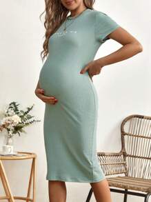 SHEIN 孕婦標語圖案條紋針織緊身連衣裙 - 薄荷綠 - 查看 5