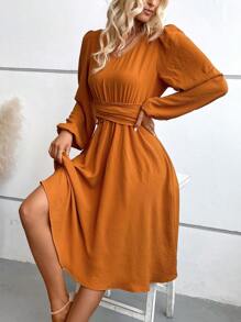 SHEIN LUNE Solid Lantern Sleeve A-line Dress - Ginger - View 4