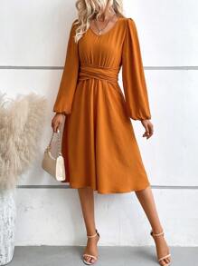 SHEIN LUNE Solid Lantern Sleeve A-line Dress - Ginger - View 5