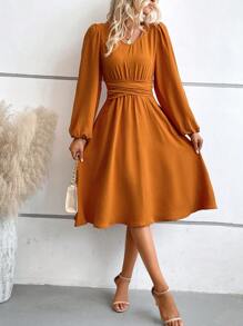 SHEIN LUNE Solid Lantern Sleeve A-line Dress - Ginger - View 1