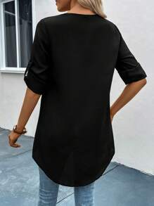 SHEIN LUNE Roll Tab Sleeve High Low Hem Popover Blouse