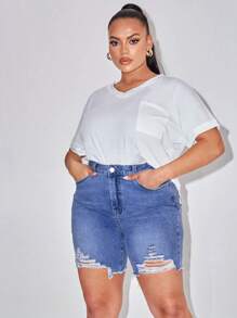 SHEIN LUNE 大碼高腰破洞毛邊牛仔短褲 - 中等水洗藍 - 查看 5