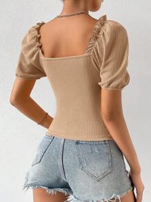 SHEIN Unity Knot Front Frill Trim Puff Sleeve Tee - Khaki - View 2