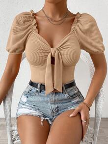 SHEIN Unity Knot Front Frill Trim Puff Sleeve Tee - Khaki - View 4