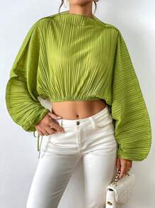 SHEIN Essnce 素色抽繩袖口蝙蝠袖短款襯衫 - 綠色 - 查看 5