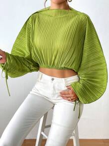 SHEIN Essnce 素色抽繩袖口蝙蝠袖短款襯衫 - 綠色 - 查看 7