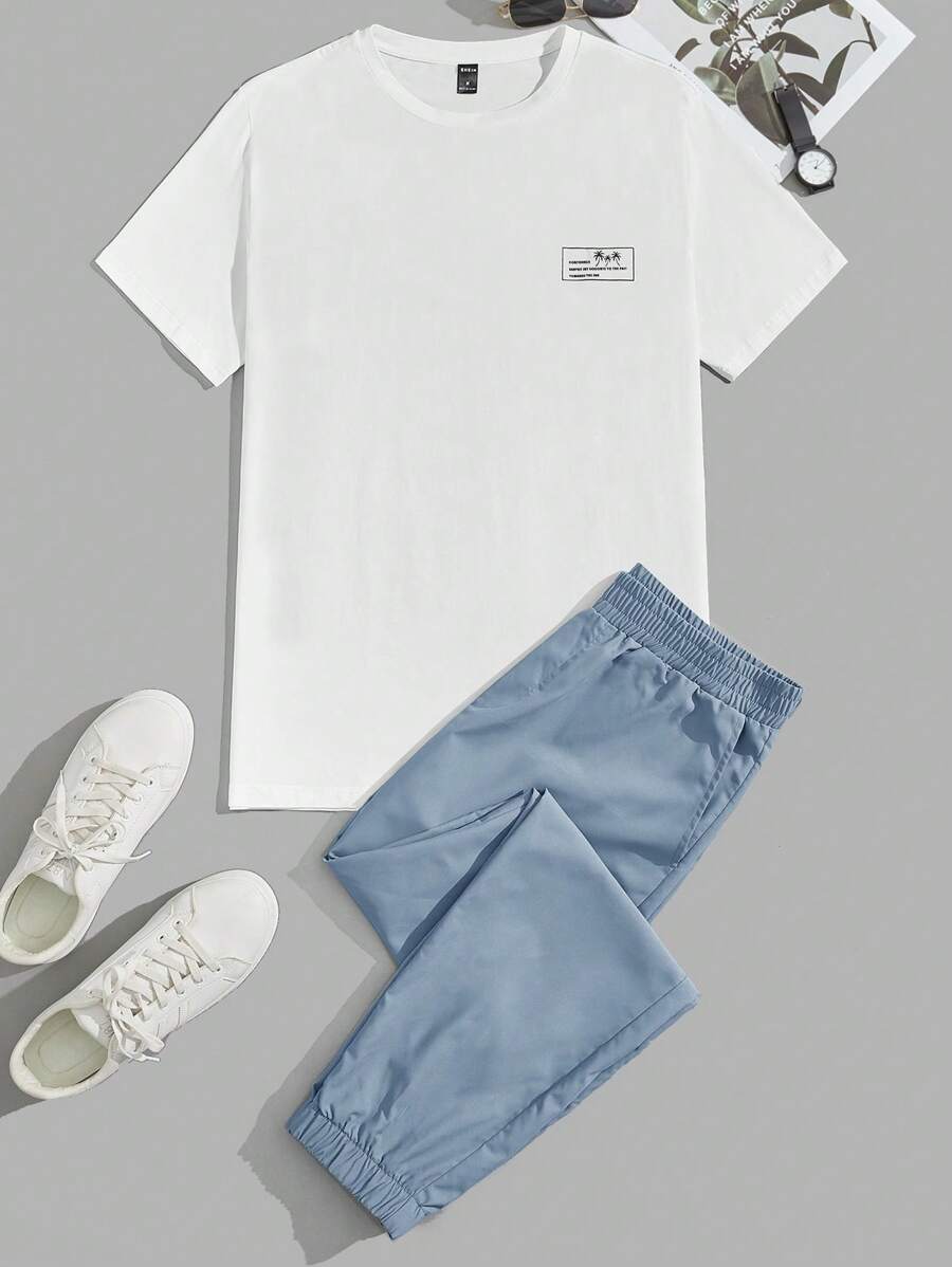 Manfinity VCAY Men Slogan Patched Tee & Trousers - Dusty Blue - View 1