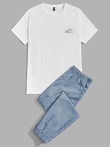 Manfinity VCAY Men Slogan Patched Tee & Trousers - Dusty Blue - View 5
