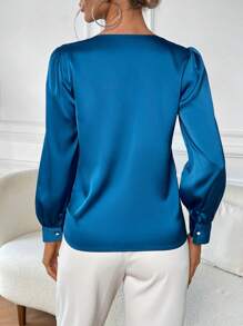 SHEIN Privé 鏈條細節泡泡袖緞面襯衫 - 藍色 - 查看 2