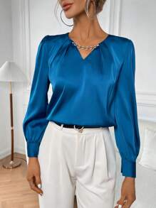 SHEIN Privé 鏈條細節泡泡袖緞面襯衫 - 藍色 - 查看 3