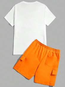 Manfinity BRENVOR 男士标语和卡通图案T恤和抽绳腰短裤夏季服装，舒适服装 - 橘色 - 查看 3