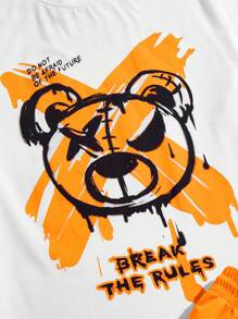 Manfinity BRENVOR 男士标语和卡通图案T恤和抽绳腰短裤夏季服装，舒适服装 - 橘色 - 查看 5