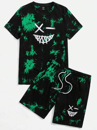 Guys Tie Dye Expression Print Tee & Drawstring Waist Shorts
