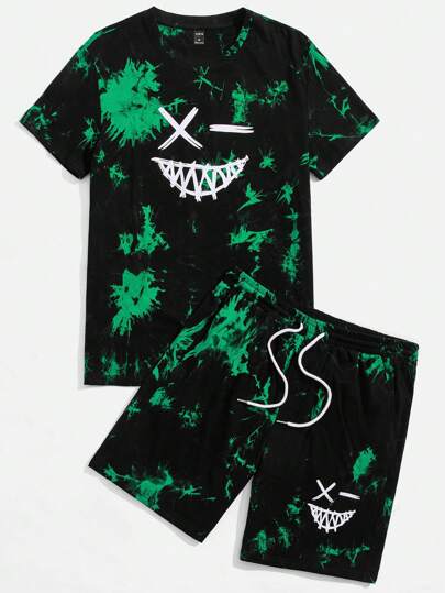 Guys Tie Dye Expression Print Tee & Drawstring Waist Shorts
