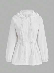 Muchica Drawstring Waist Zip Up Hooded Coat - White - View 1