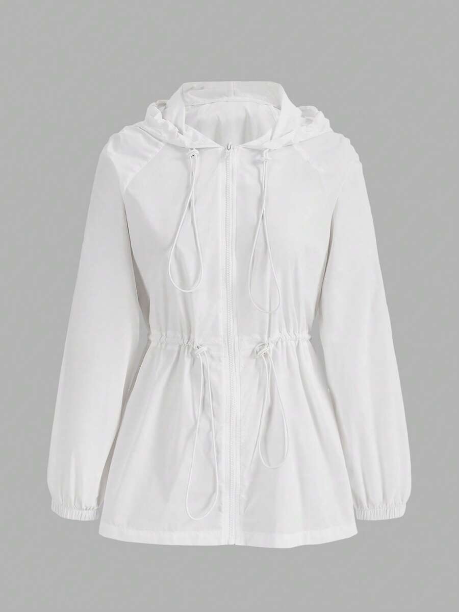 Muchica Drawstring Waist Zip Up Hooded Coat - White - View 1
