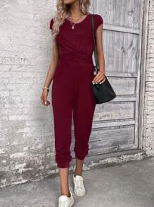 SHEIN LUNE Solid Ruched Front Jumpsuit - Burgundy - View 1