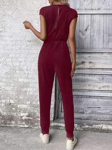 SHEIN LUNE Solid Ruched Front Jumpsuit - Burgundy - View 2