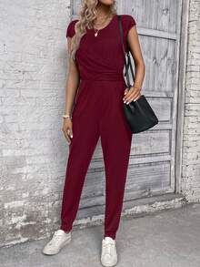 SHEIN LUNE Solid Ruched Front Jumpsuit - Burgundy - View 4
