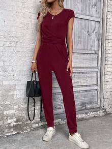 SHEIN LUNE Solid Ruched Front Jumpsuit - Burgundy - View 5