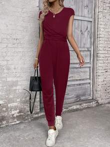SHEIN LUNE Solid Ruched Front Jumpsuit - Burgundy - View 6