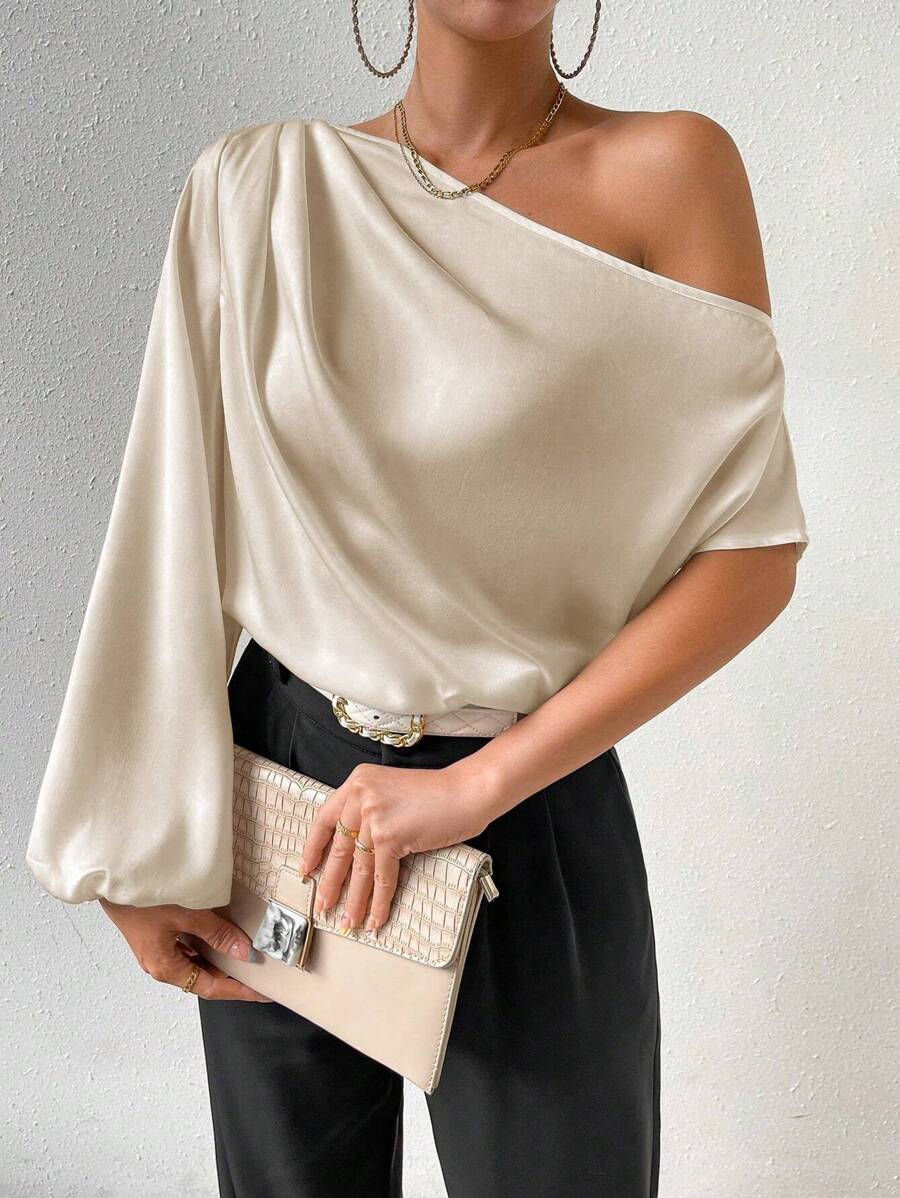 SHEIN Clasi Asymmetrical Neck Lantern Sleeve Blouse One Shoulder Top Fall Cloth For Women