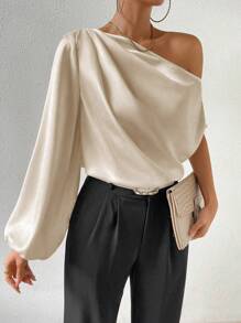SHEIN Clasi Asymmetrical Neck Lantern Sleeve Blouse One Shoulder Top Fall Cloth For Women