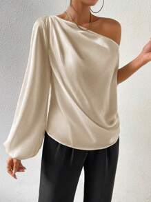 SHEIN Clasi Asymmetrical Neck Lantern Sleeve Blouse One Shoulder Top Fall Cloth For Women